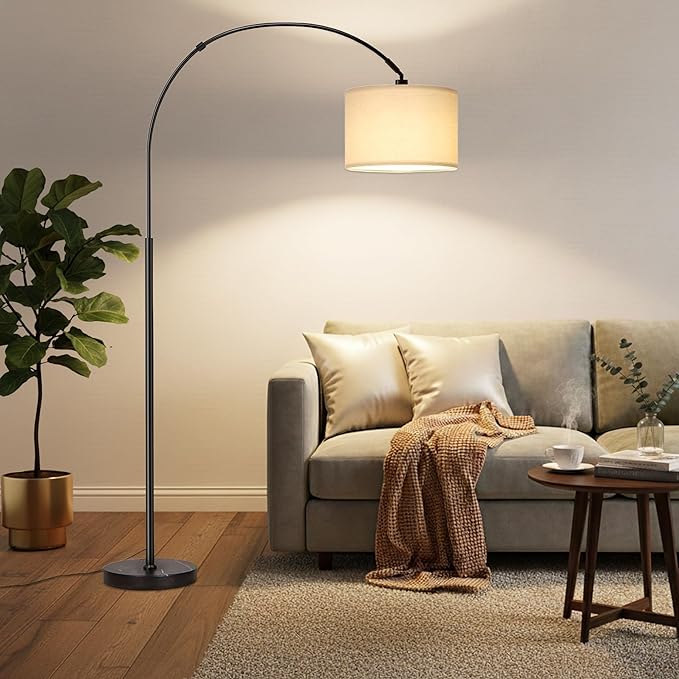 Bentifar Floor Lamp with Adjustable Shade, Dimmable Arc Standing Lamp for Living Room Bedroom Office, Tall Reading Light Beside Sofa, White